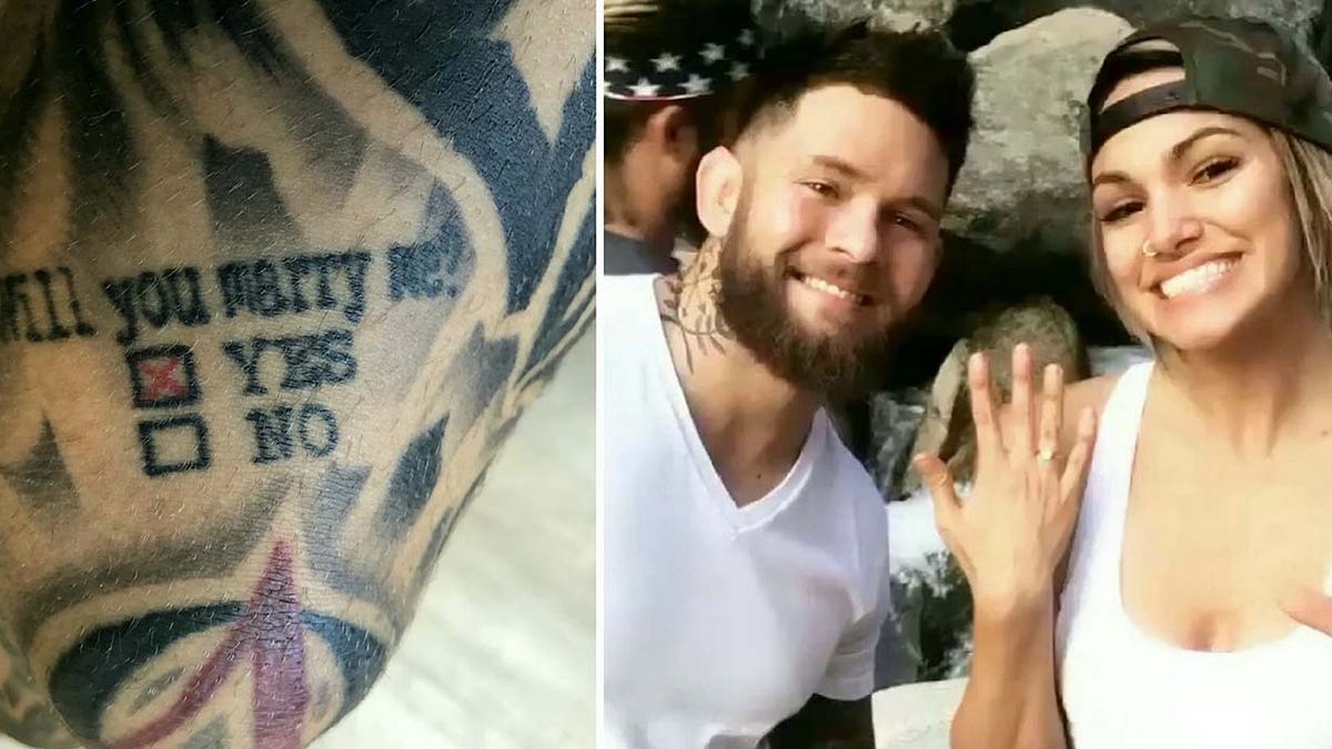 The 28-year-old fighter got the life-changing question tattooed onto his knee with two check boxes for “yes” and “no.” 