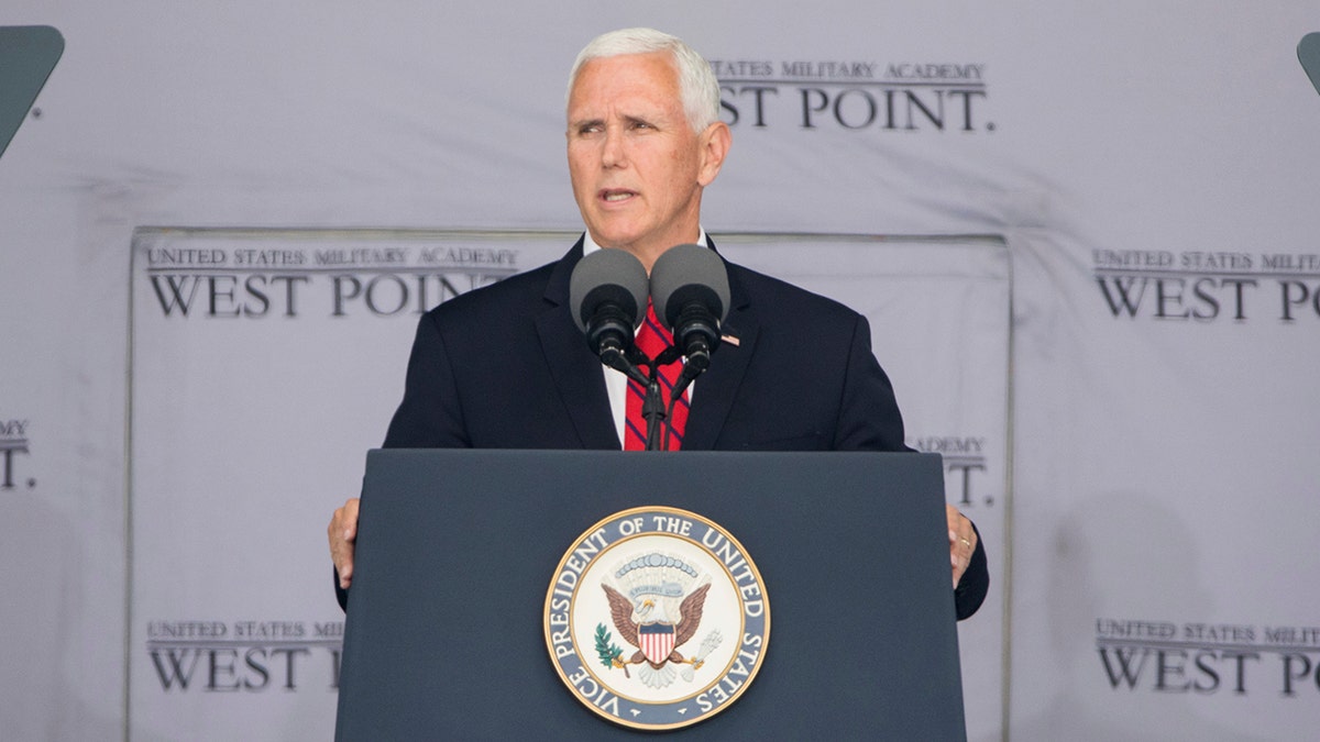 Vice President Mike Pence speaks during graduation ceremonies at the United States Military Academy, Saturday, May 25, 2019, in West Point, N.Y. (AP Photo/Julius Constantine Motal)