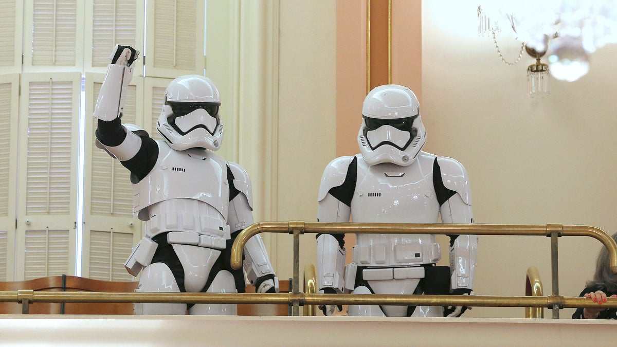 A pair of stormtroopers watch lawmakers in action from the gallery of the state Senate chambers on Thursday in Sacramento, Calif. The California Legislature voted to declare May 4 "Star Wars Day."