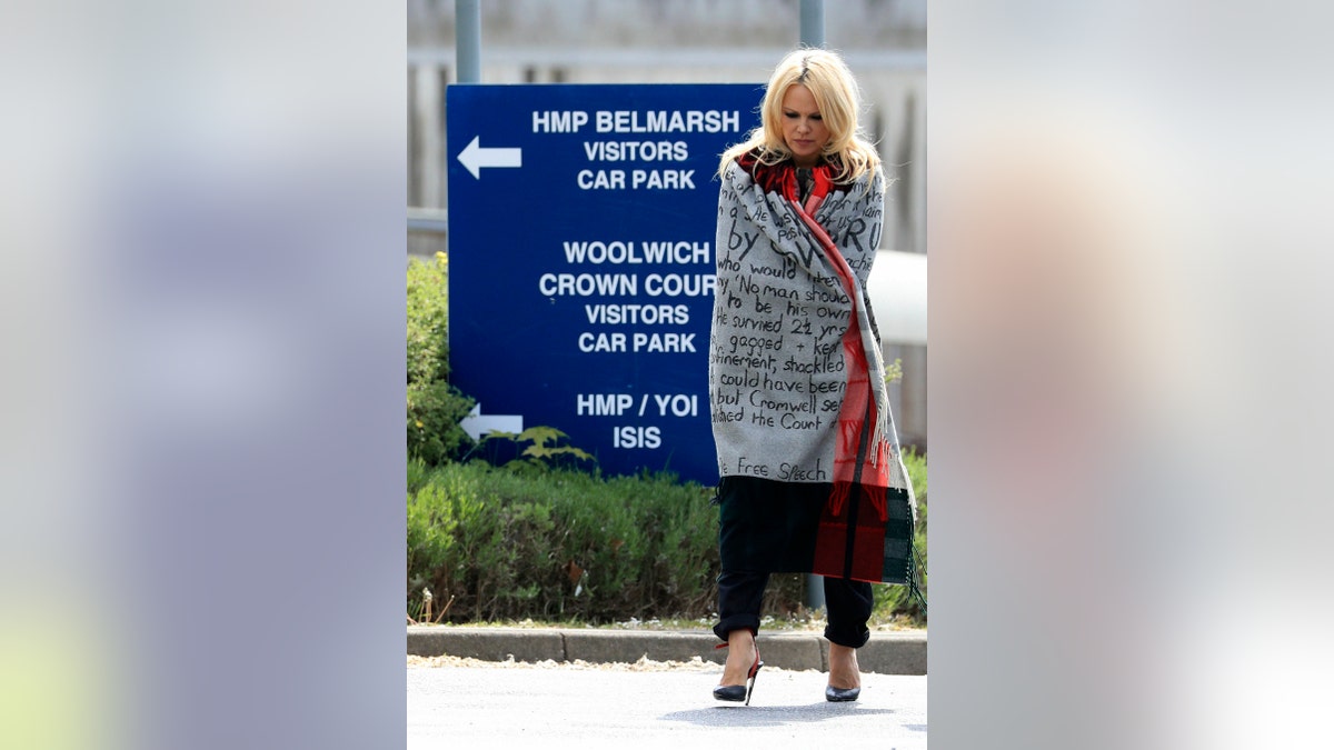 US actress Pamela Anderson leaves Belmarsh Prison in south-east London, after visiting WikiLeaks founder Julian Assange, Tuesday May 7, 2019.