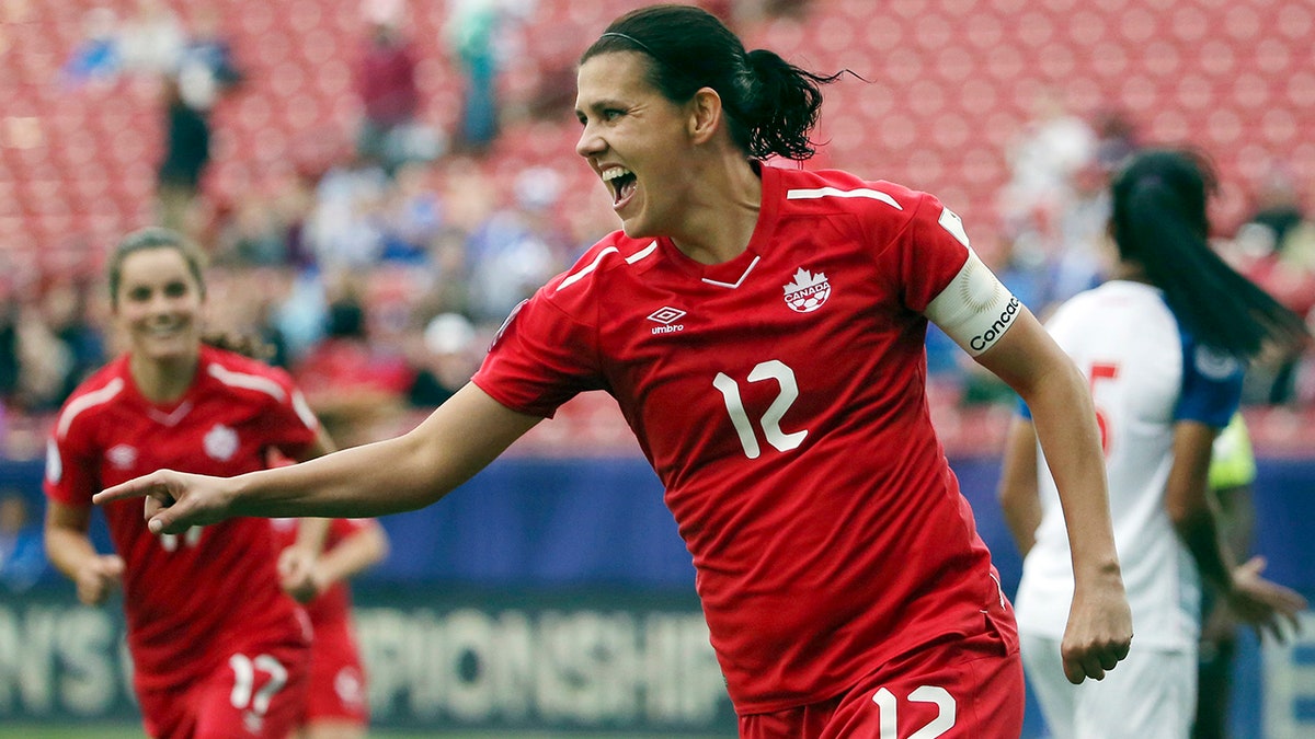 FILE - In this Oct. 14, 2018, file photo, Canada forward Christine Sinclair celebrates after scoring a goal in the second half of a soccer match at the CONCACAF women's World Cup qualifying tournament against Panama in Frisco, Texas. (AP Photo/Andy Jacobsohn, File)