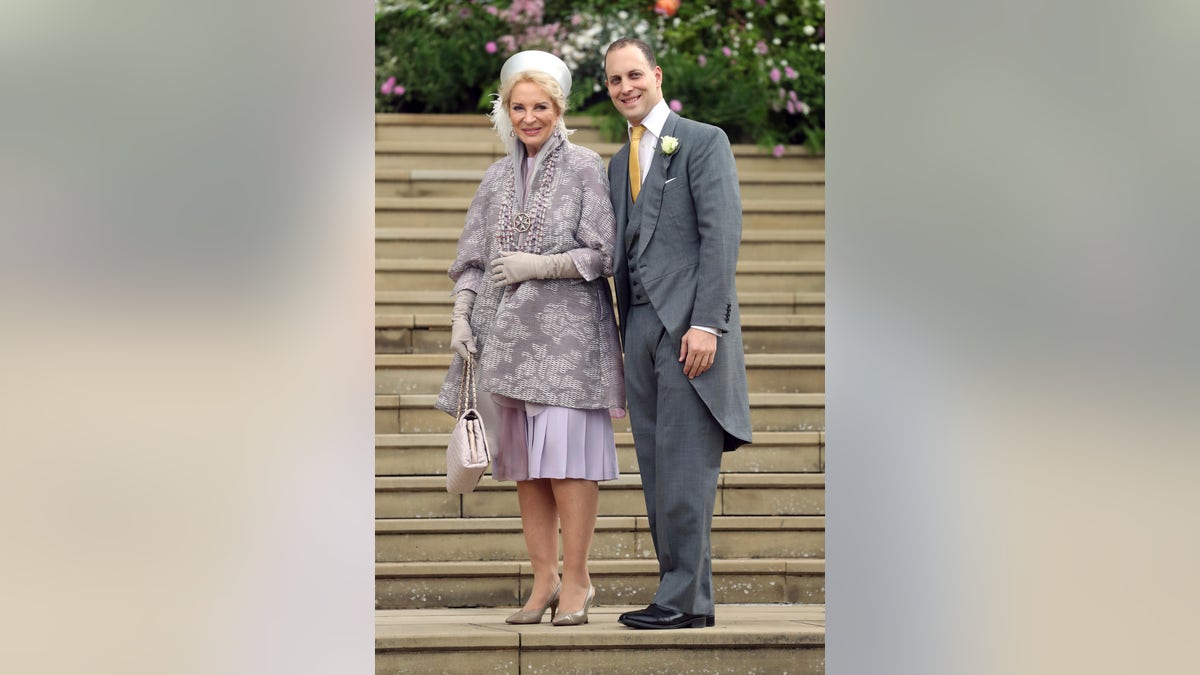 Princess Michael of Kent and Frederick Windsor arrive for the wedding of Lady Gabriella Windsor and Thomas Kingston at St George's Chapel, Windsor Castle, near London, England, Saturday, May 18, 2019. (Chris Jackson/Pool via AP)
