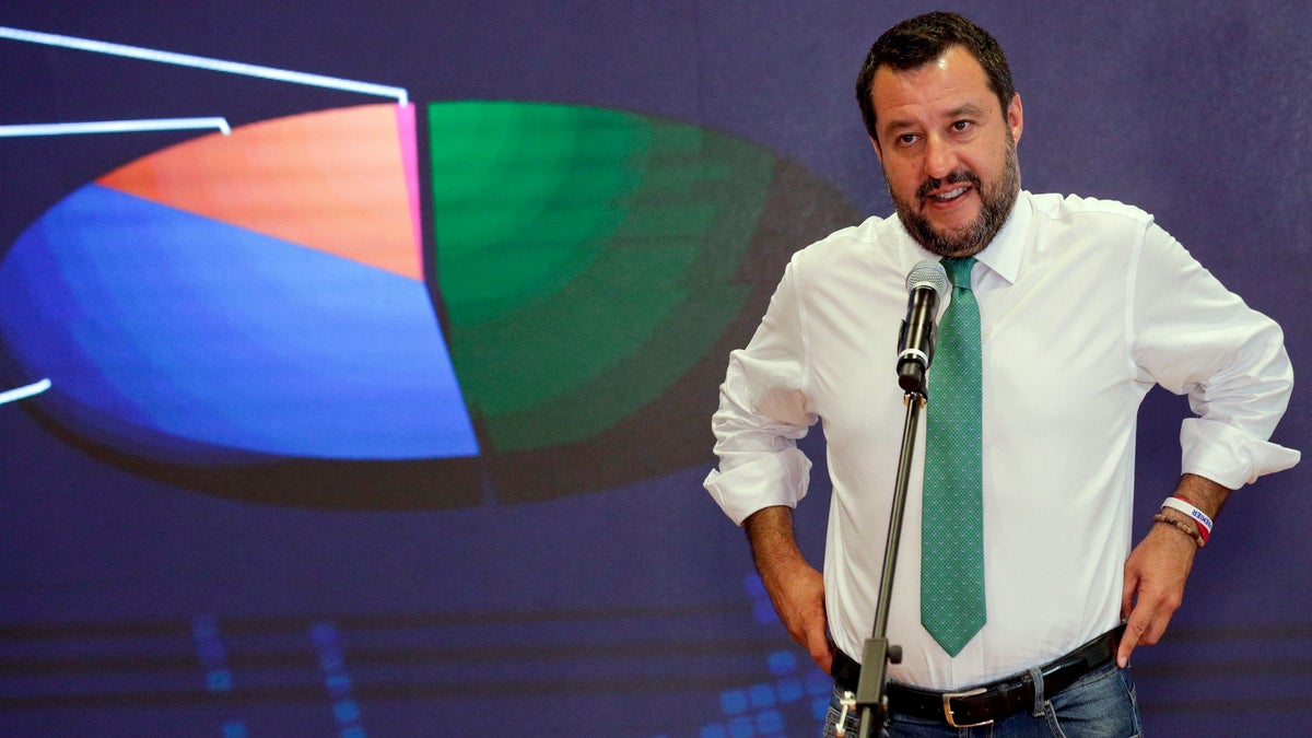 Italian Interior-Minister and Deputy-Premier Matteo Salvini meets reporters at the Interior Ministry headquarters in Rome, Monday, May 27, 2019. (AP Photo/Andrew Medichini)