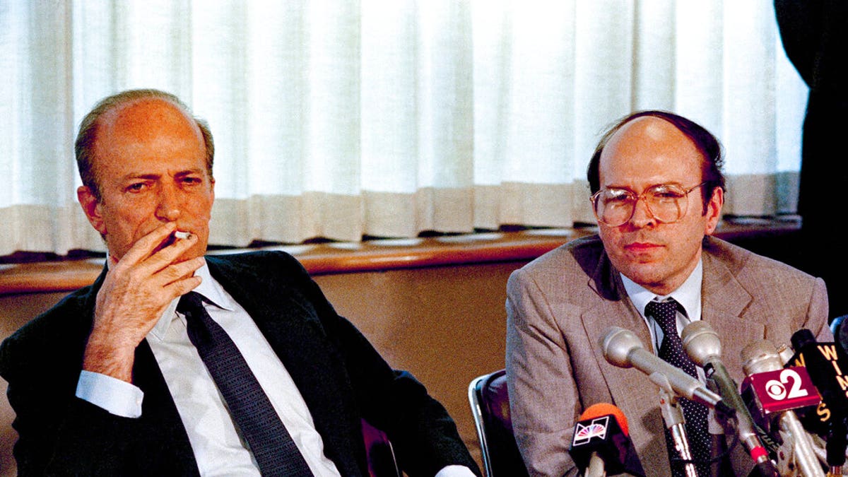 In a June 11, 1985, file photo, Claus von Bulow with attorney Thomas Puccio at news conference in the law offices of Strook and Strook and Lavan in New York. 