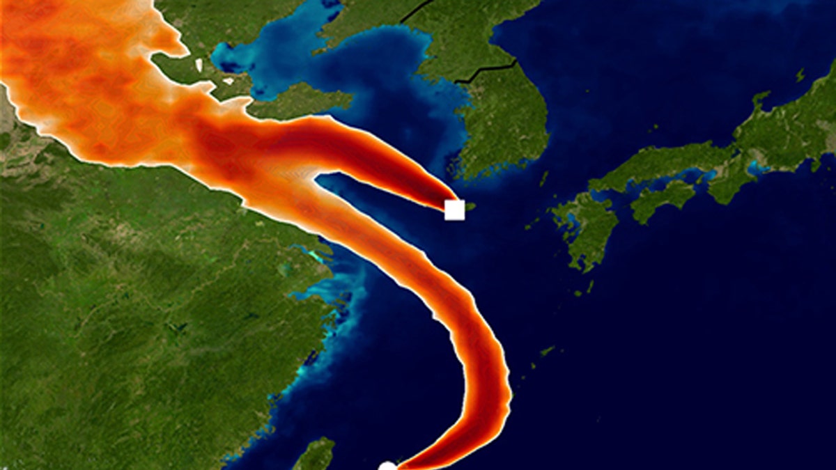 Simulated atmospheric transport of CFC-11 to the Gosan and Hateruma monitoring sites using the Met Office NAME model. The colours show areas where emission sources would strongly impact the CFC-11 measurements for one day in December 2014. This model information has been used to infer a rise in emissions from eastern China, starting around 2013. (Credit: University of Bristol)