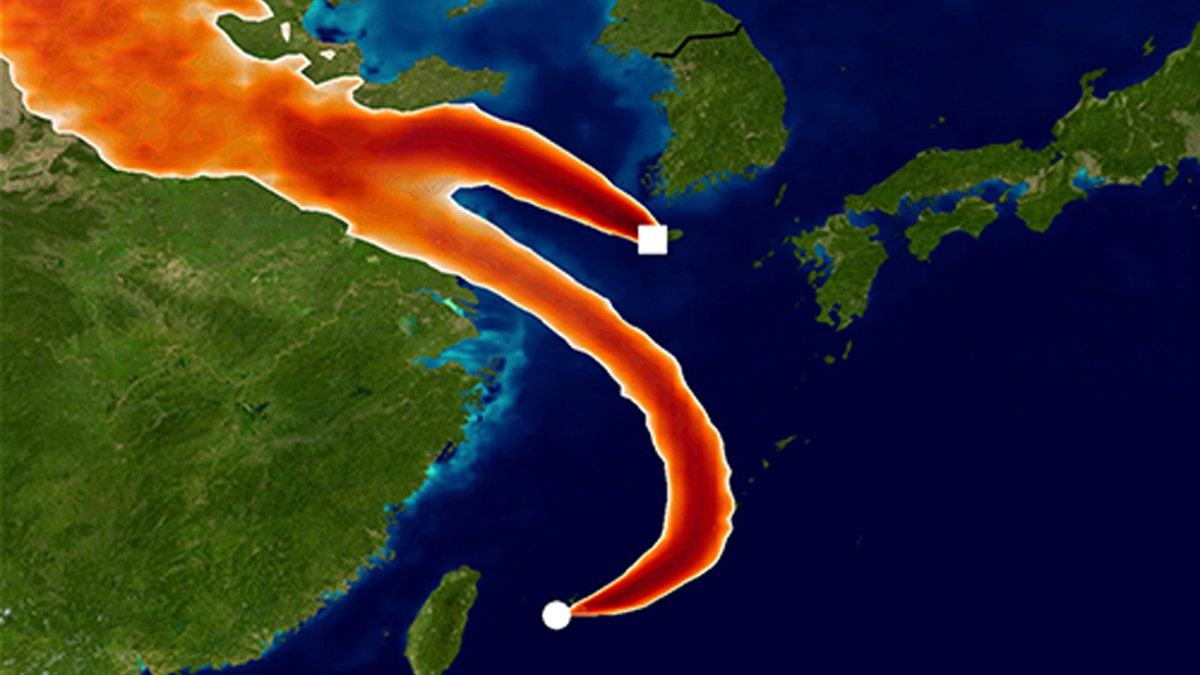 Simulated atmospheric transport of CFC-11 to the Gosan and Hateruma monitoring sites using the Met Office NAME model. The colours show areas where emission sources would strongly impact the CFC-11 measurements for one day in December 2014. This model information has been used to infer a rise in emissions from eastern China, starting around 2013. (Credit: University of Bristol)