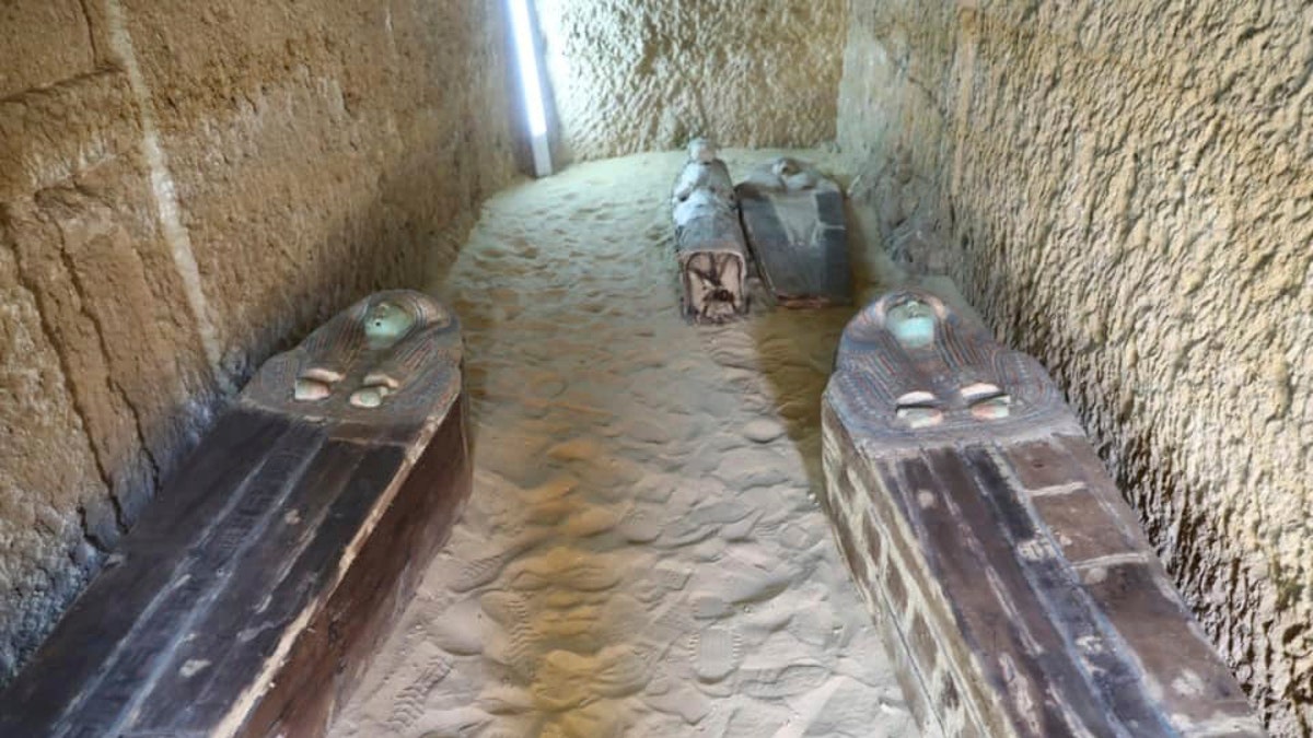 This photo provided by Ministry of Antiquities shows an uncovered part of ancient cemetery at an area by the famed pyramids at the Giza plateau just outside Cairo, Egypt, Saturday, May 4, 2019.