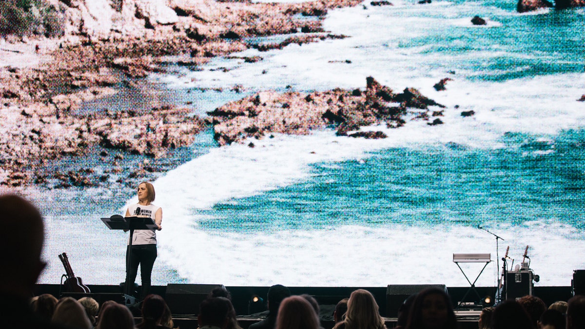 Christine Caine, 52, speaks about having amazing faith at the "Heaven Come" conference in Los Angeles Saturday.