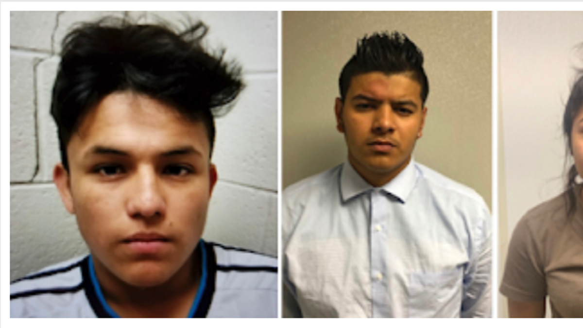 Mugshots for, from left to right, Josue Fuentes-Ponce, 16, Joel Escobar, 17, and Cynthia Hernandez-Nucamendi, 14. The teens were arrested and charged as adults with murder after a missing 14-year-old girl was found dead in a creek on  Wednesday (Prince George's County Police Department via AP)