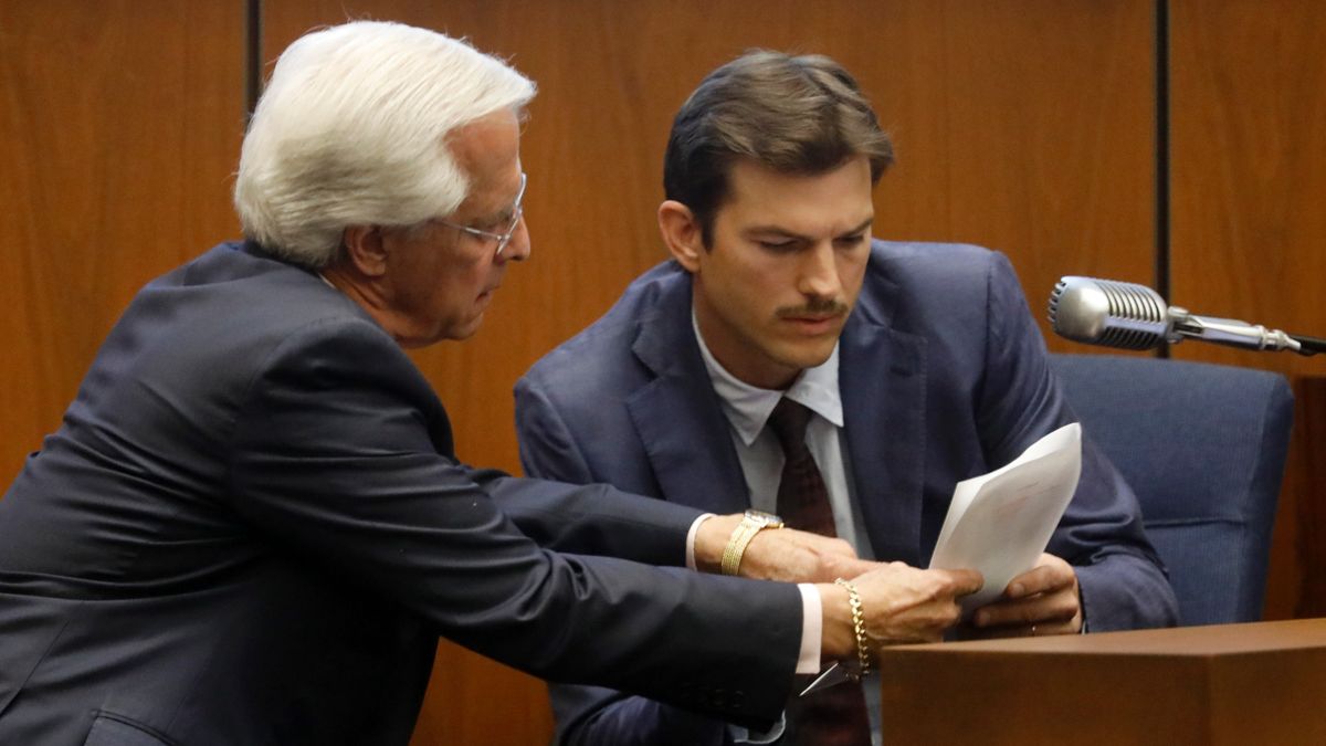 Defense Attorney Daniel Nardoni, left, questions Ashton Kutcher during his tesitimony in the murder trial of Michael Gargiulo in Los Angeles Superior Court, Wednesday, May 29, 2019. Gargiulo, 43, has pleaded not guilty to two counts of murder and an attempted-murder charge stemming from attacks in the Los Angeles area between 2001 and 2008, including the death of Kutcher's former girlfriend, 22-year-old Ashley Ellerin. 
