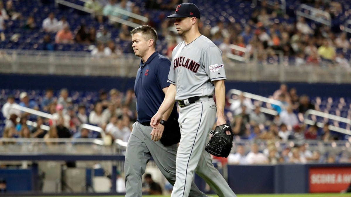 Two-time Cy Young Award-winning pitcher Corey Kluber broke his right forearm Wednesday night after he was struck by Miami Marlins’ Brian Anderson’s liner in the fifth inning.
