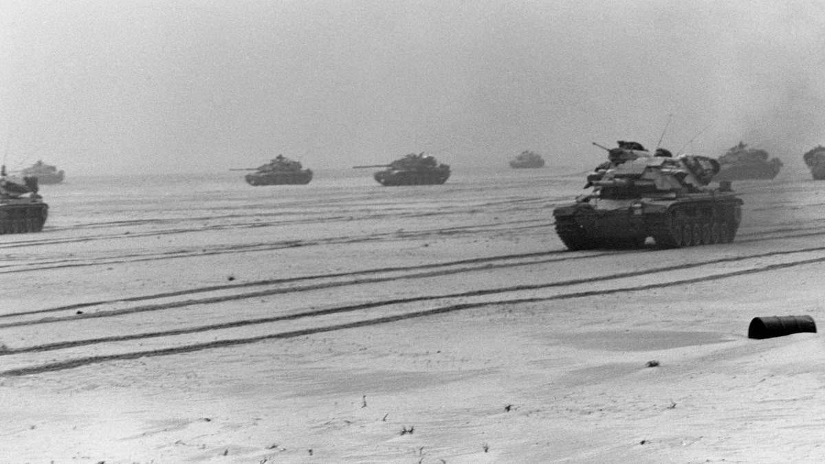 File photo - Marines of 1st Tank Battalion, 1st Marine Division head toward Kuwait City in M60A1 main battle tanks during the third day of the ground offensive of Operation Desert Storm, an operation to liberate Kuwait after the Iraqi invasion. February 26, 1991. (Photo by ? CORBIS/Corbis via Getty Images)