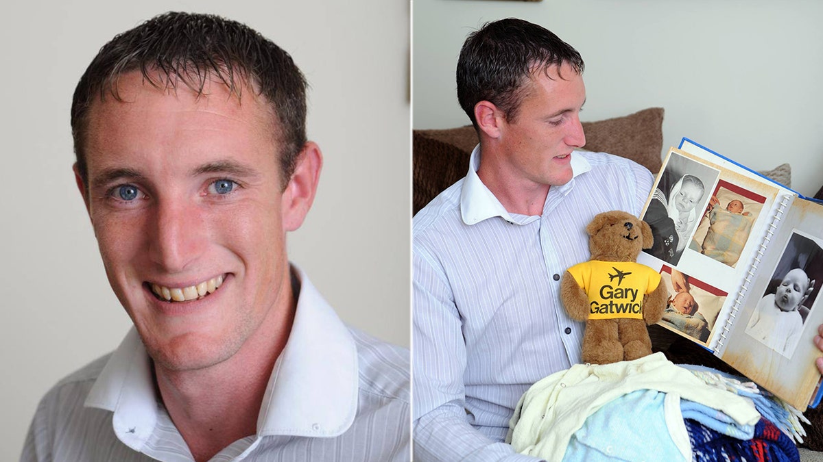 Steve Hydes poses with the stuffed bear and clothing he was found with on April 10, 1986.