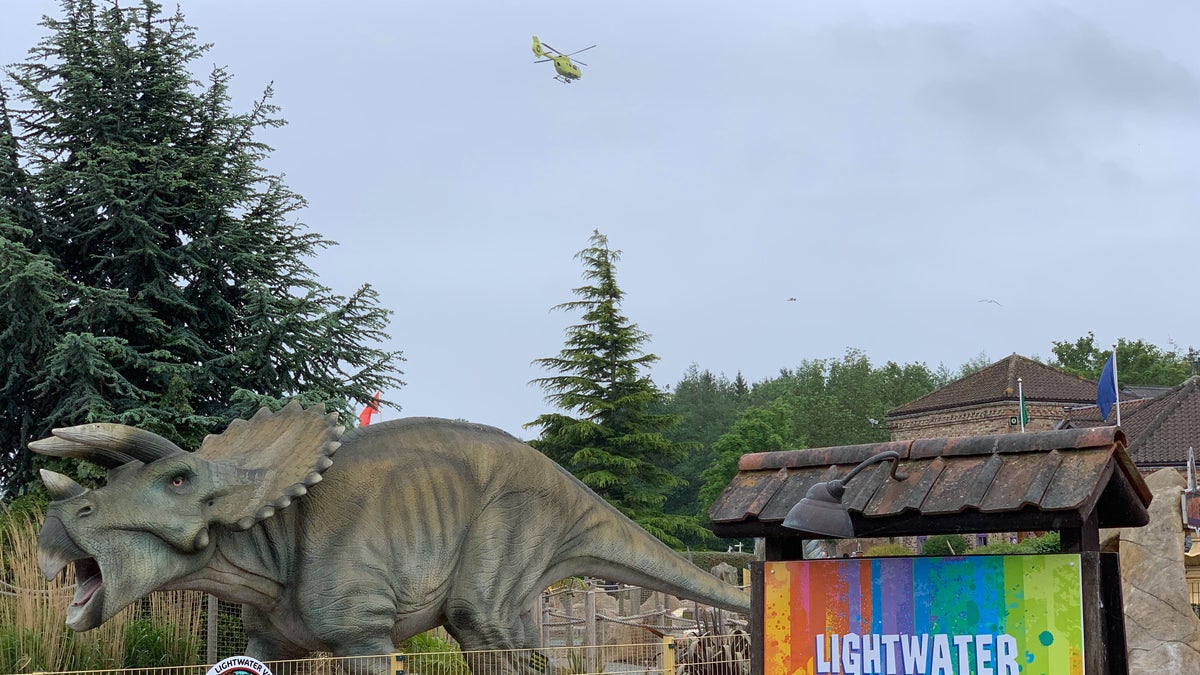 An air ambulance airlifts a boy who fell from a roller coaster at Lightwater Valley theme park on May 30, 2019 in North Stainley, England. (Photo by Simon Moran/Getty Images)