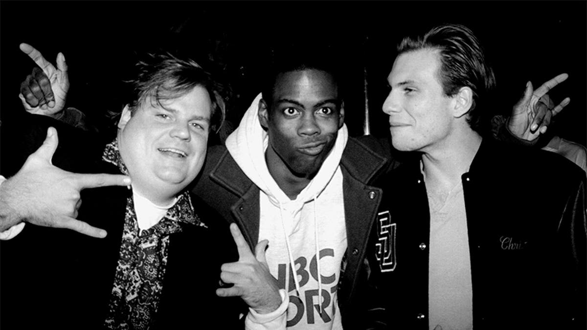 Christian Slater (right) with "Saturday Night Live" cast members Chris Farley (left) and Chris Rock (center). — Photo by Richard Corkery/NY Daily News Archive via Getty Images