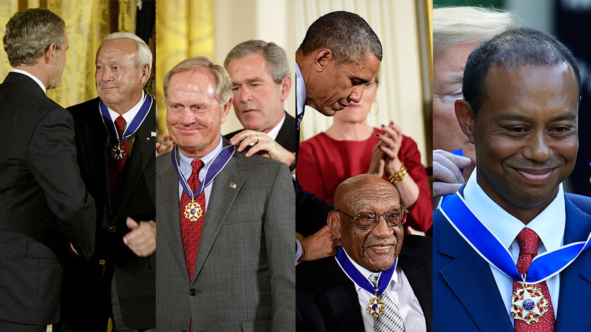 (L-R) Arnold Palmer, Jack Nicklaus, Charlie Sifford, and Tiger Woods are pictured receiving the Presidential Medal of Freedom in 2004, 2005, 2014, and 2019, respectively.