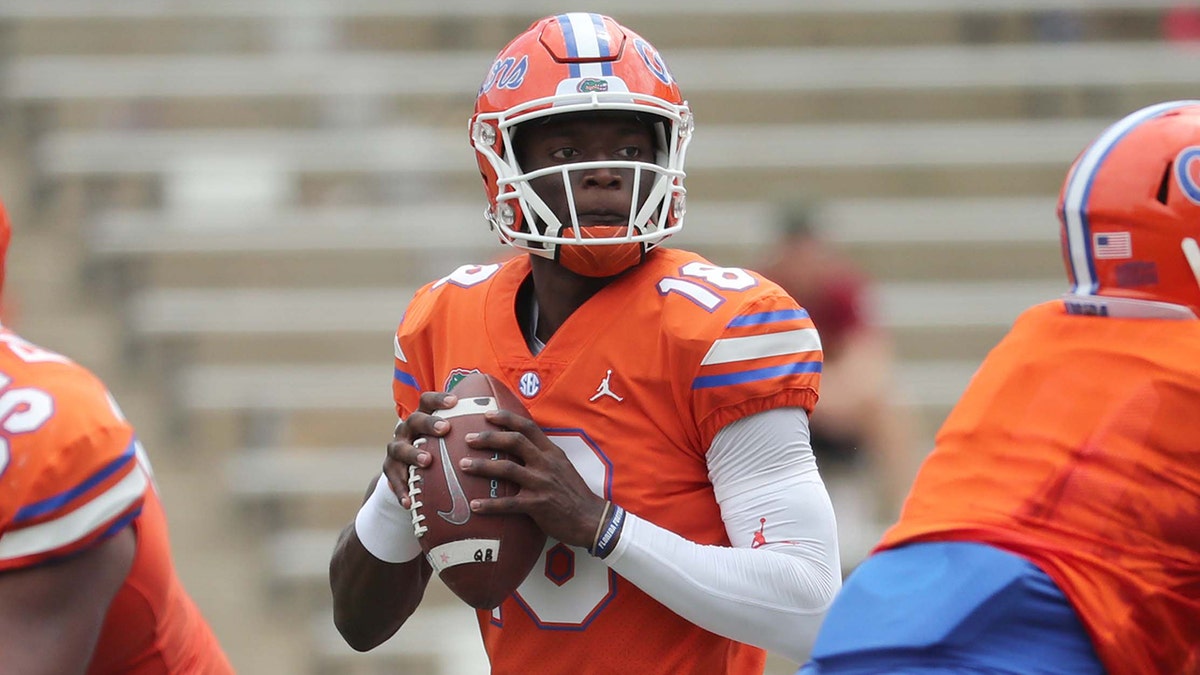 Apr 13, 2019; Gainesville, FL, USA; Florida Gators quarterback Jalon Jones (18) drops back during the second half at Ben Hill Griffin Stadium at Florida Field.