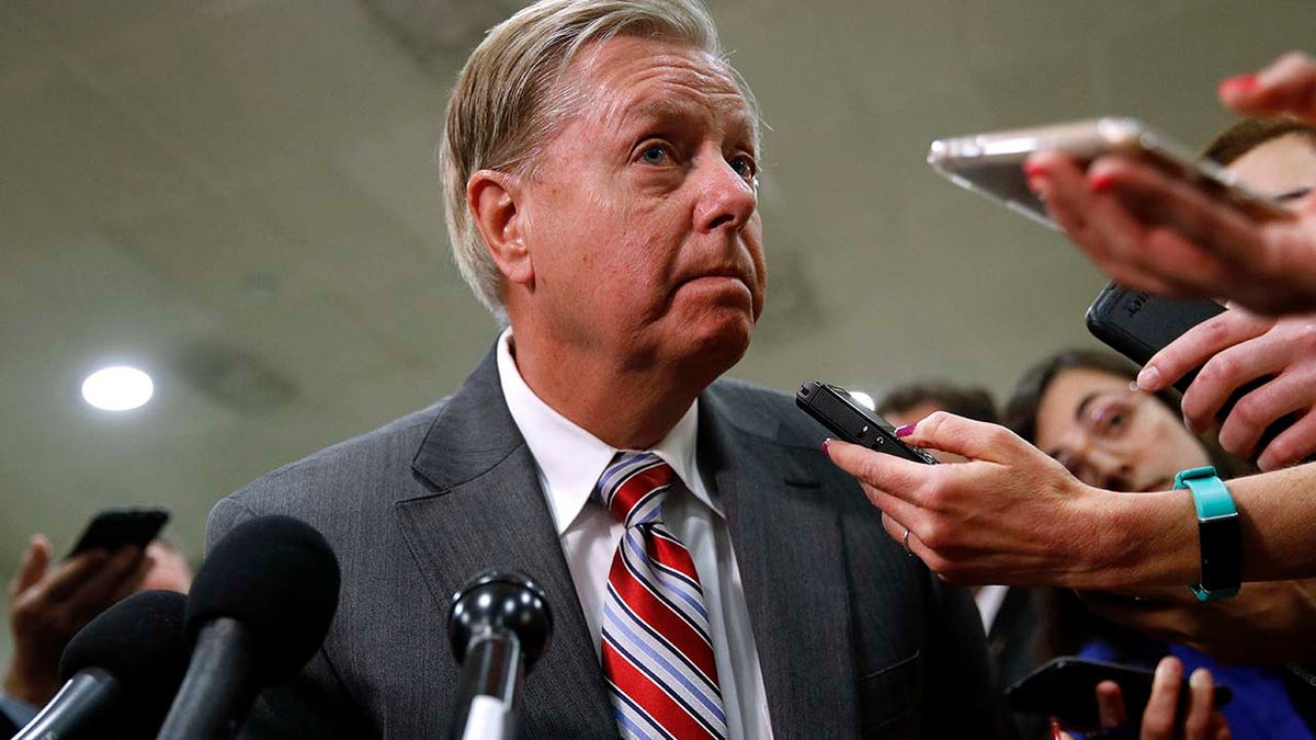 Sen. Lindsey Graham, R-S.C., speaks to reporters after a classified members-only briefing on Iran, Tuesday, May 21, 2019, on Capitol Hill in Washington. (AP Photo/Patrick Semansky)