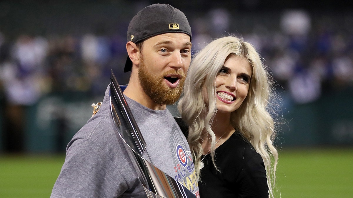 2016 World Series MVP Ben Zobrist #18 of the Chicago Cubs celebrates with his wife Julianna Zobrist after defeating the Cleveland Indians 8-7 in Game Seven of the 2016 World Series at Progressive Field. (Photo by Ezra Shaw/Getty Images)