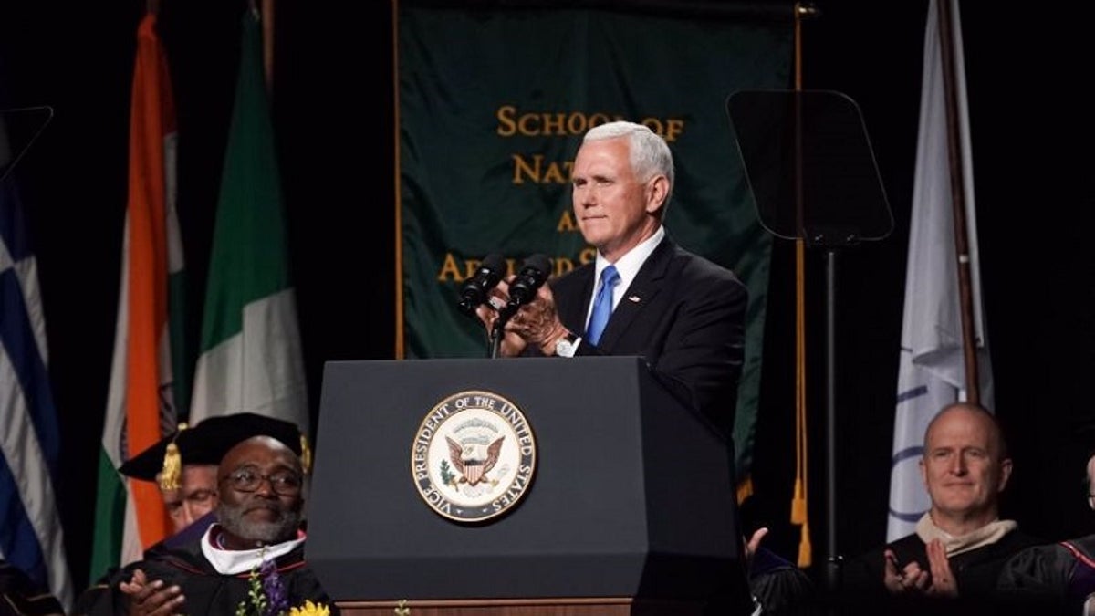 Vice President Mike Pence delivers the commencement address at Taylor University in Upland, Ind., on Saturday. 