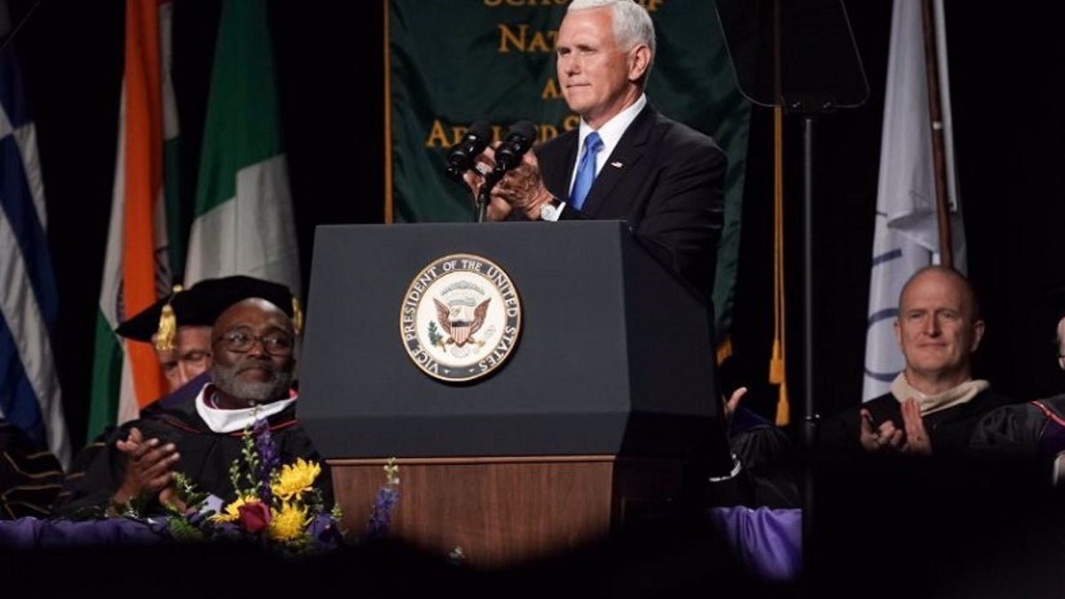 Vice President Mike Pence delivers the commencement address at Taylor University in Upland, Ind., on Saturday.