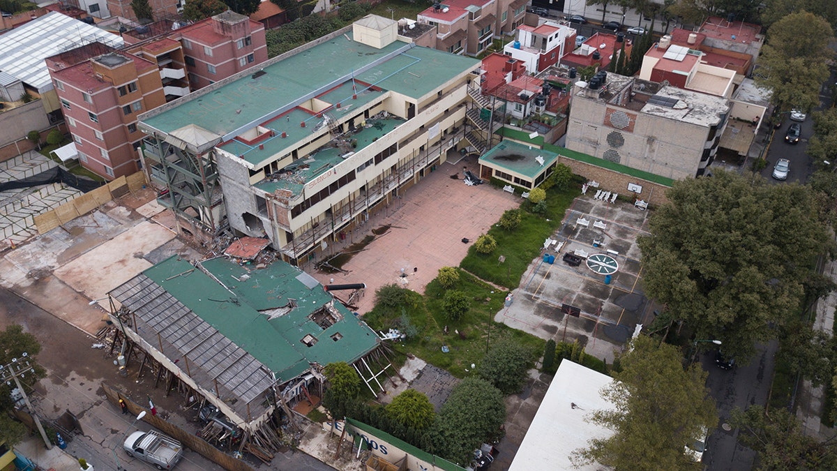Overhead view of buildings damaged in the September 2017 earthquake at the Enrique Rebsamen School, where 26 people were killed when the buildings collapsed, in Mexico City.