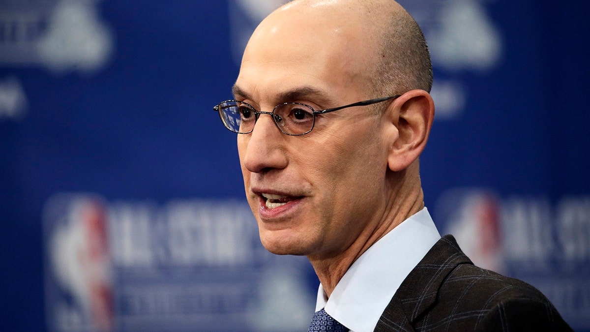 FILE - In this Feb. 16, 2019, file photo, NBA Commissioner Adam Silver speaks during the NBA All-Star festivities in Charlotte, N.C. (AP Photo/Gerry Broome, File)