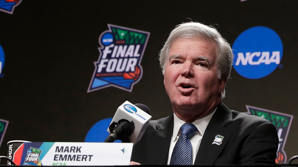 NCAA President Mark Emmert answers questions at a news conference at the Final Four college basketball tournament in Minneapolis on April 4, 2019. (AP Photo/Matt York, File)