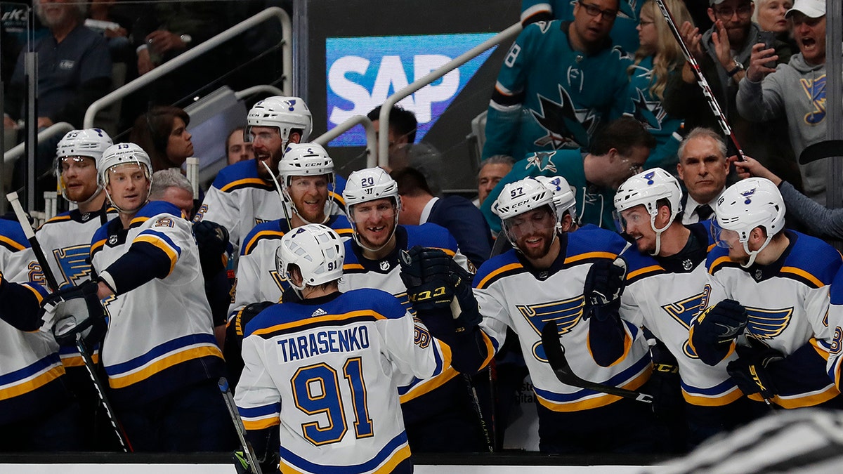 St. Louis Blues' Vladimir Tarasenko (91) celebrates a goal with the bench in the second period in Game 5 of the NHL hockey Stanley Cup Western Conference finals against the San Jose Sharks in San Jose, Calif., on Sunday, May 19, 2019. (AP Photo/Josie Lepe)