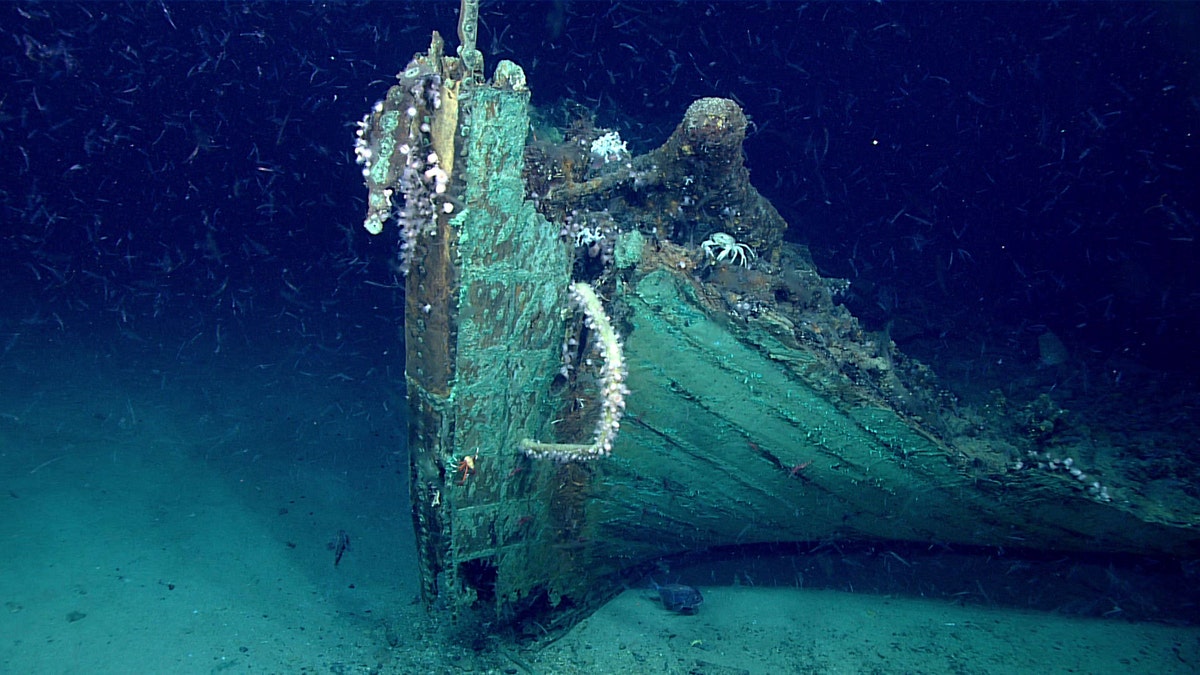 A close-up view of the shipwreck's bow.