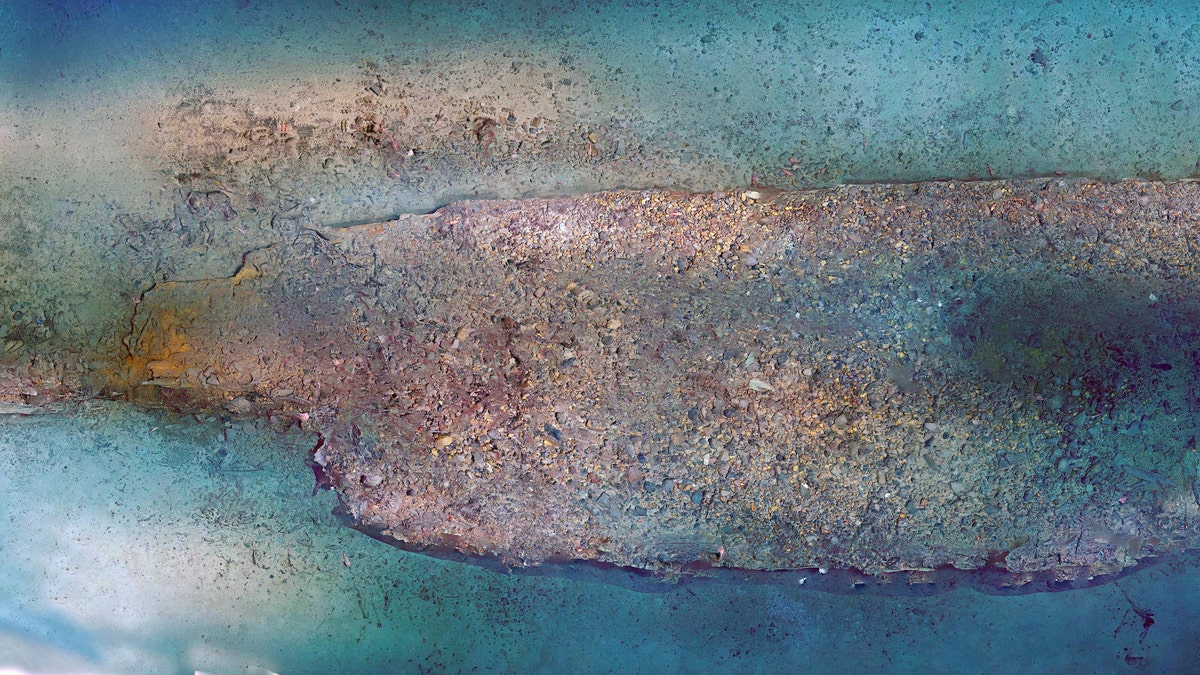 A low-resolution photomosaic of the shipwreck site, produced by Bureau of Ocean Energy Management Marine Archaeologist Scott Sorset. The photomosaic was created using video imagery collected during the dive. A higher-resolution version will eventually be developed.