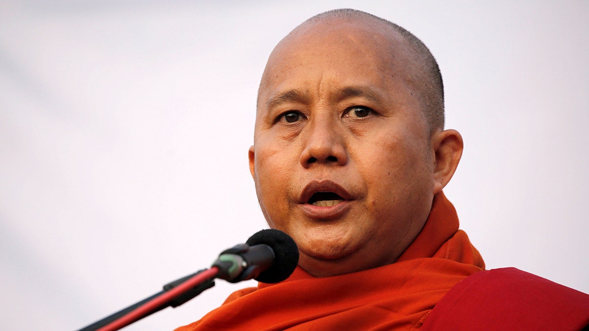 Myanmar Buddhist monk Wirathu speaks at a rally against constitution change in Yangon, Myanmar, May 5, 2019. 