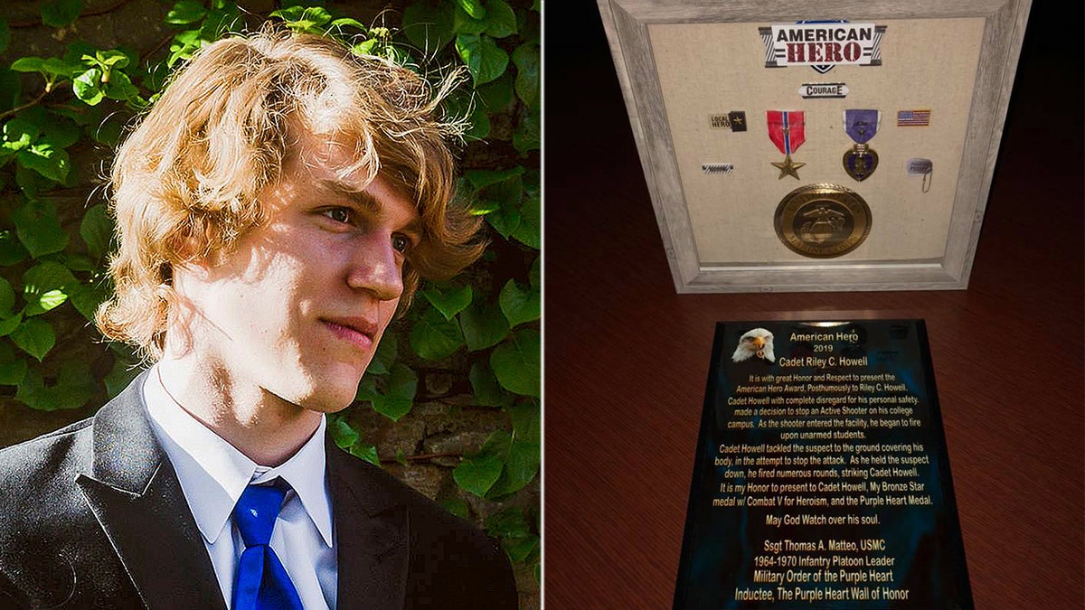 Riley Howell, 21, was posthumously awarded a Purple Heart and a Bronze Star after he tackled a gunman at the University of North Carolina at Charlotte in April.