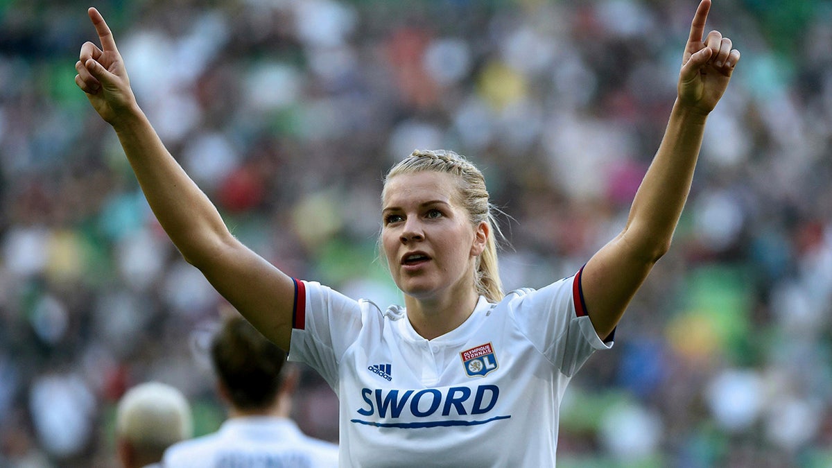 Ada Hegerberg of Lyon celebrates her goal during the women's soccer UEFA Champions League final match between Olympique Lyon and FC Barcelona at the Groupama Arena in Budapest, Hungary, Saturday, May 18, 2019. (Balazs Czagany/MTI via AP)