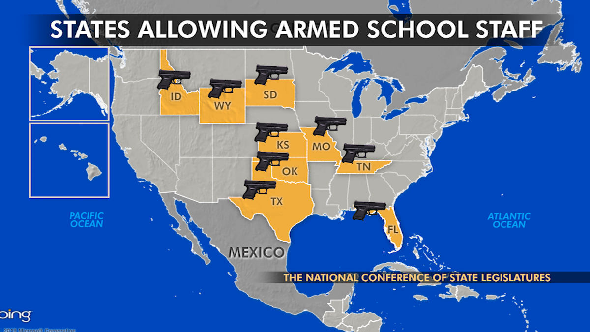 At least nine states—Idaho, Florida, Kansas, Missouri, Oklahoma, South Dakota, Tennessee, Texas and Wyoming—exempt school employees from their ban on firearms on K-12 school grounds.