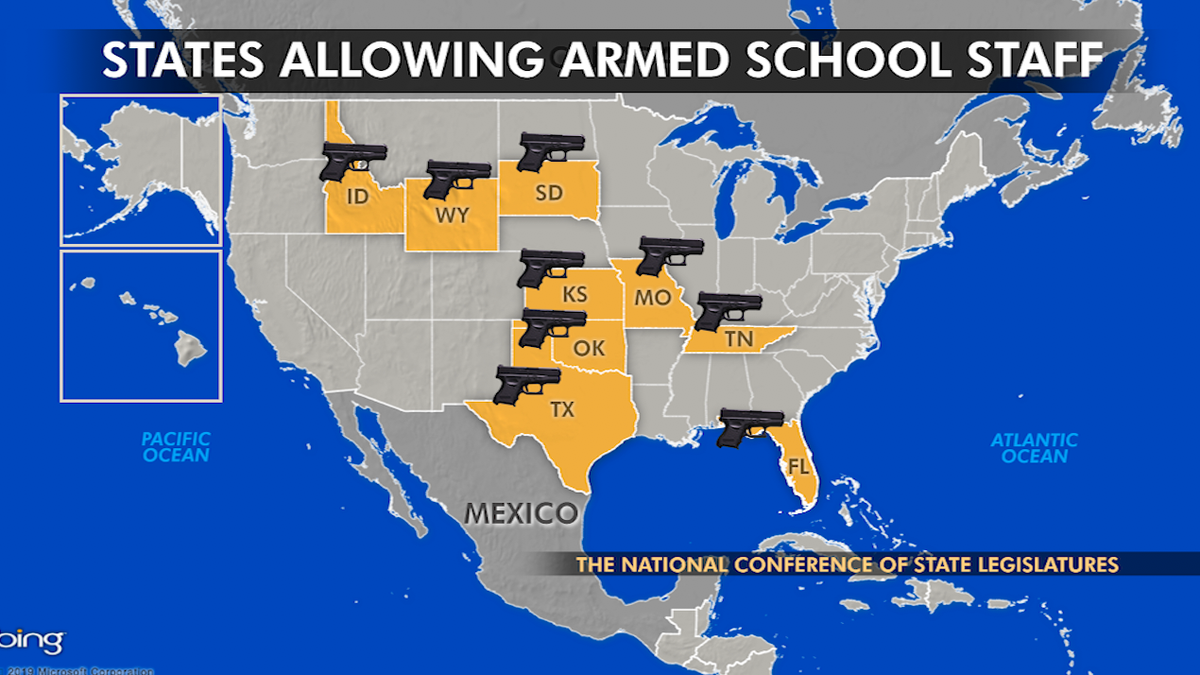 At least nine states—Idaho, Florida, Kansas, Missouri, Oklahoma, South Dakota, Tennessee, Texas and Wyoming—exempt school employees from their ban on firearms on K-12 school grounds.