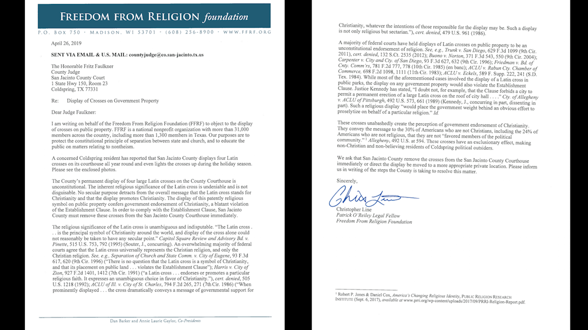 The Freedom from Religion Foundation sent this letter to San Jacinto County on April 26th. They said they sent this after receiving a complaint from a Coldspring resident about the crosses.