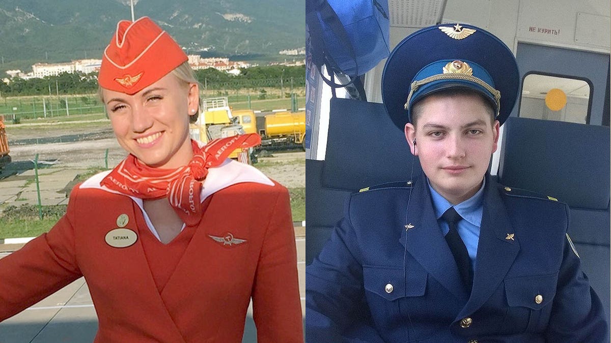 Tatyana Kasatkina (left) and Maxim Moiseev (right) are being praised for their heroic efforts to save passengers from the burning aircraft. Moiseev reportedly stayed behind, and perished in the flames.