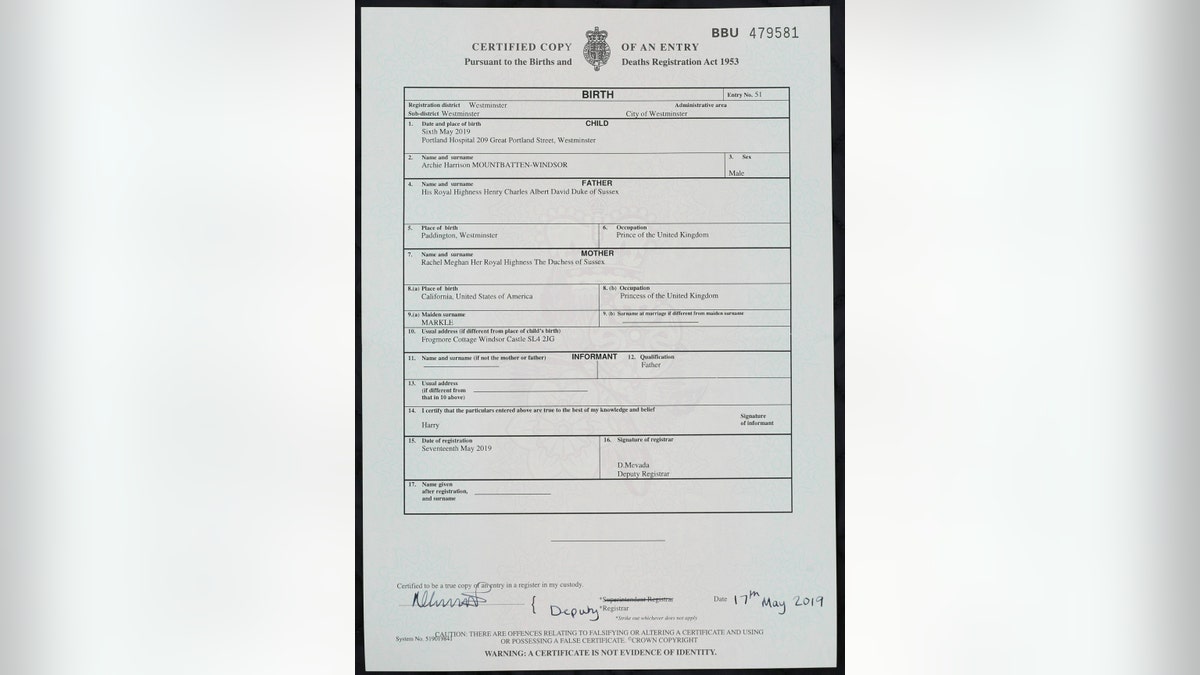 A copy of the birth certificate of Archie Harrison Mountbatten-Windsor, son of Britain's Prince Harry and Meghan, the Duchess of Sussex, in London, Friday May 17, 2019. The birth certificate reveals that Archie was born in a private hospital in London. (Jonathan Brady/PA via AP)