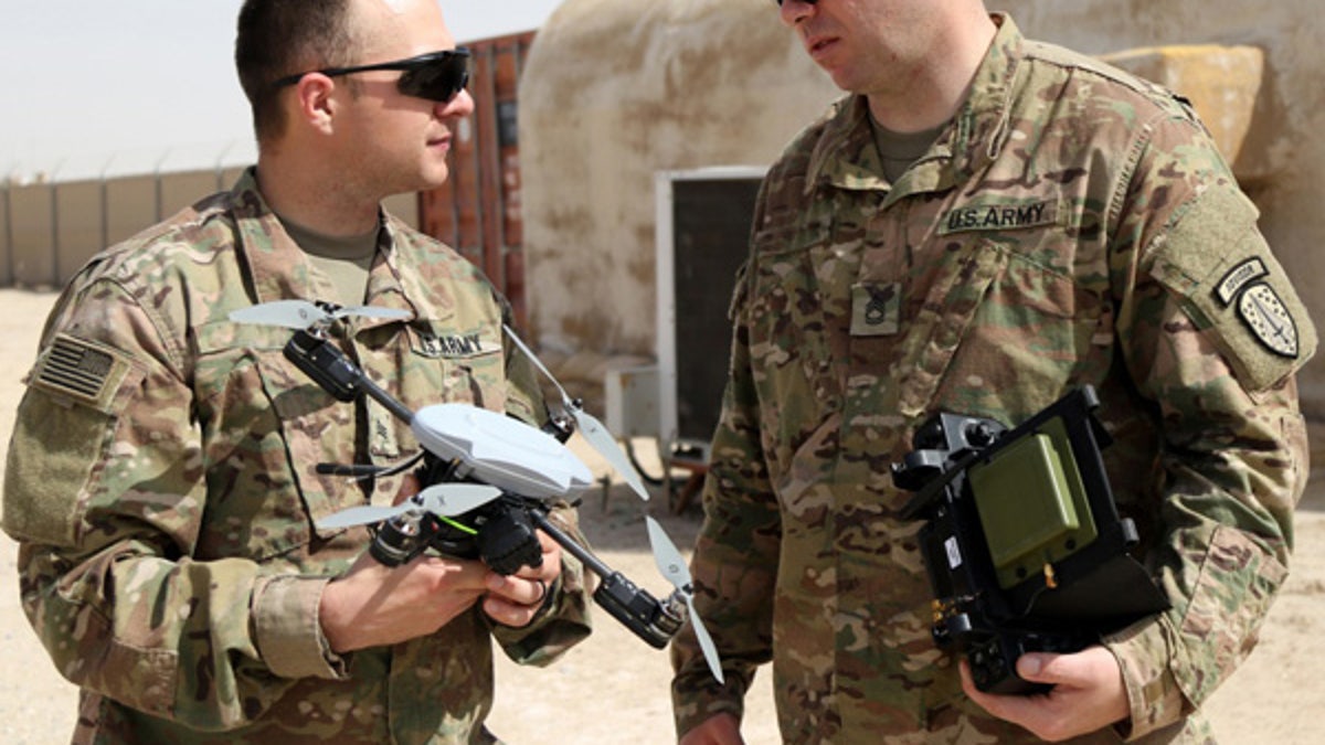 Soldiers conduct training with the Instanteye quadcopter. (Courtesy U.S. Army)