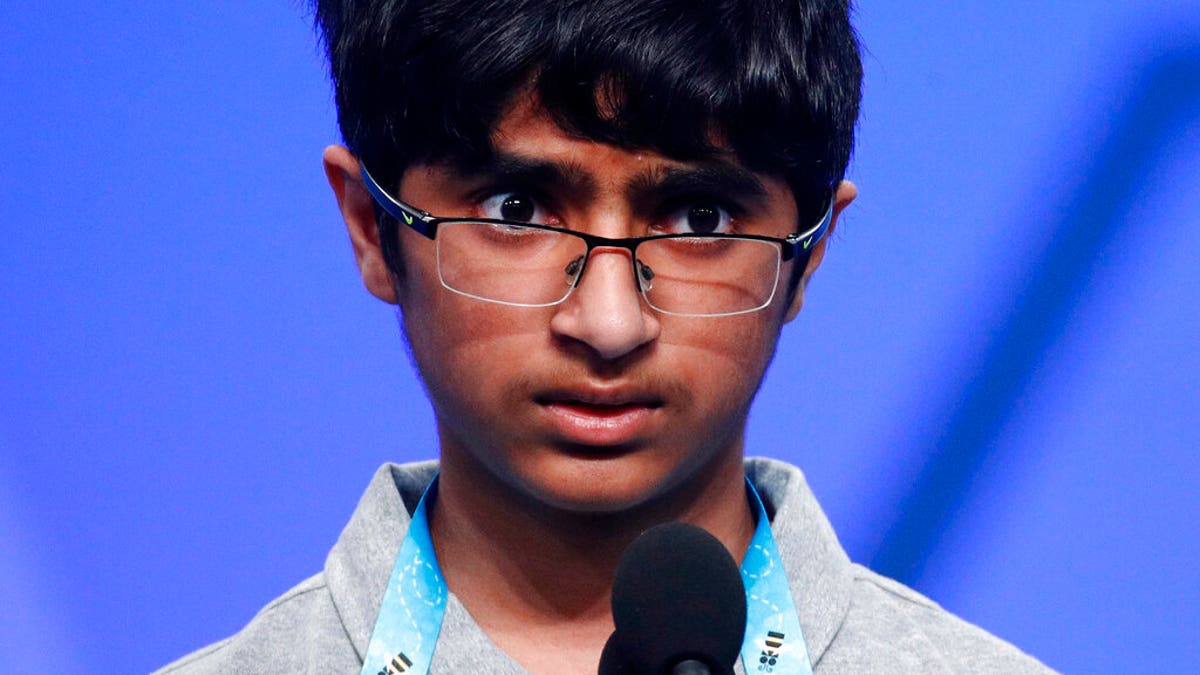 Saketh Sundar, 13, of Clarksville, Md., competes in the finals of the Scripps National Spelling Bee, Thursday, May 30, 2019, in Oxon Hill, Md. (Associated Press)