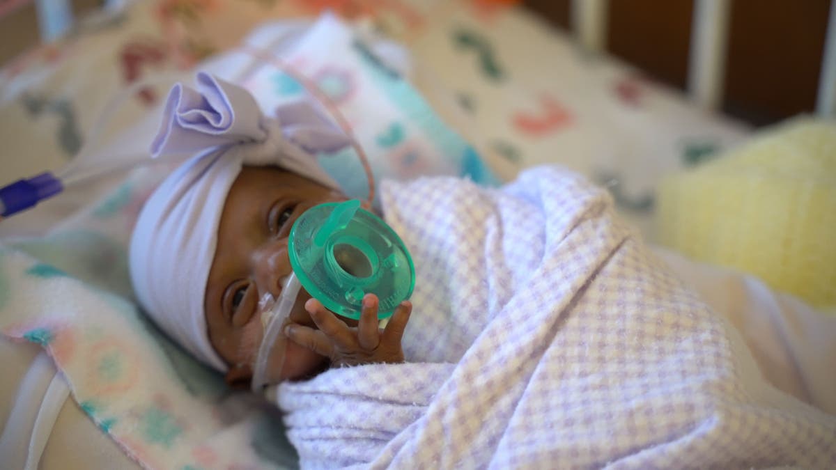 Baby Saybie weighed five pounds when she was discharged from the hospital this month. 