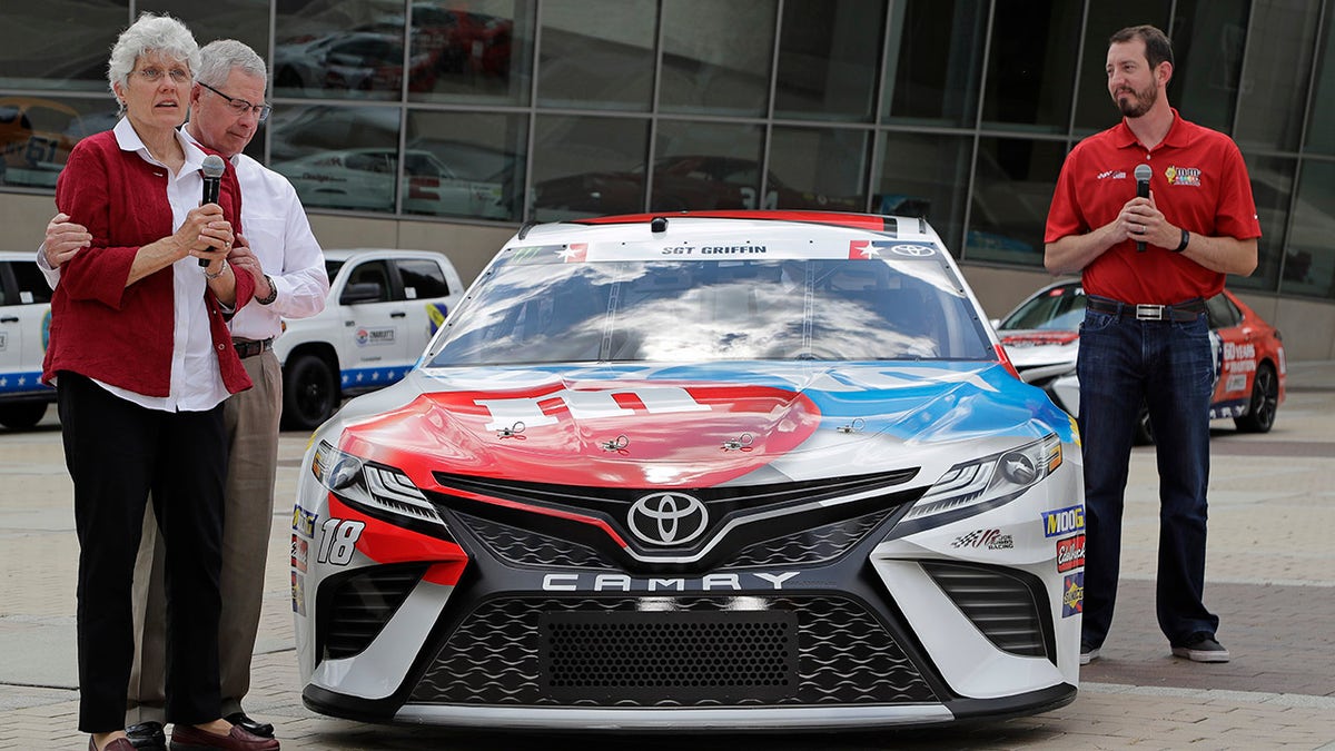 The parents of Army Sgt. Dale Griffin joined Kyle Busch on Wednesday at the unveiling of the paint scheme his car will feature during the Coca-Cola 600.