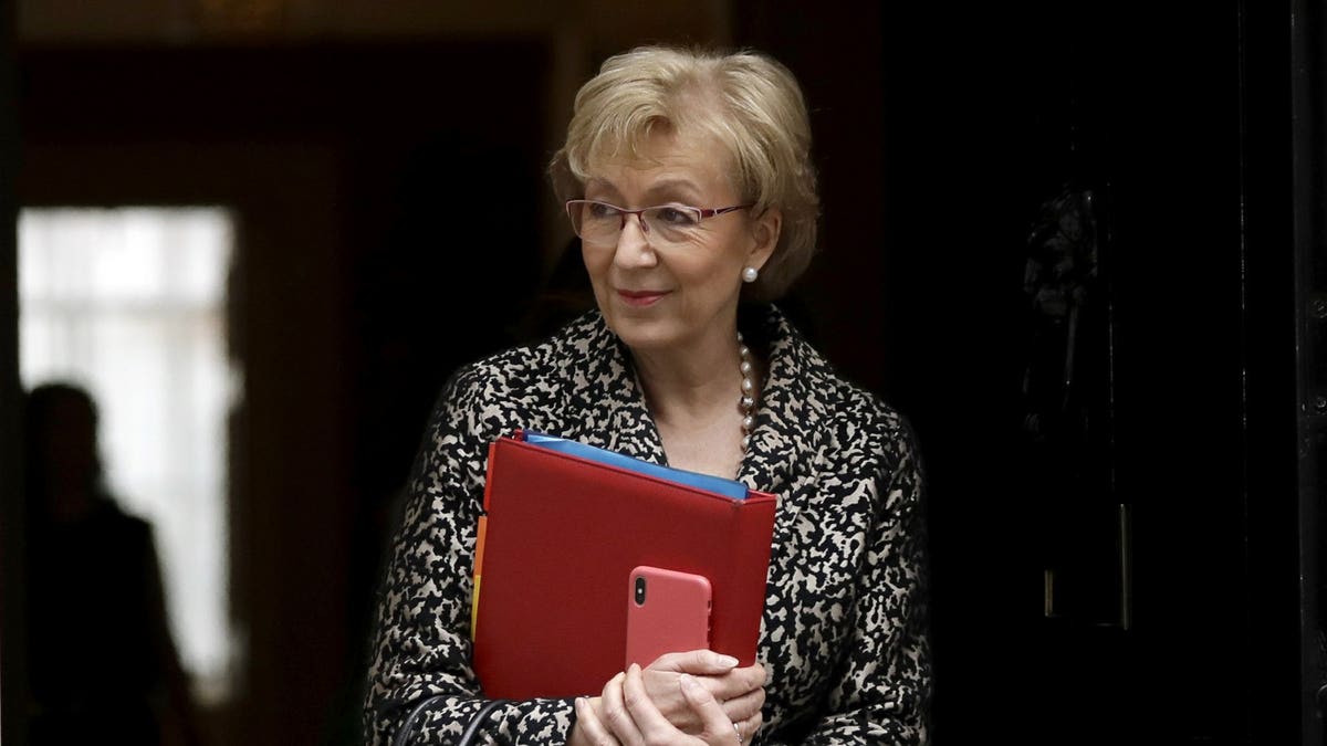 In this Tuesday, March 19, 2019 file photo, Britain's Andrea Leadsom the Leader of the House of Commons leaves a cabinet meeting at 10 Downing Street