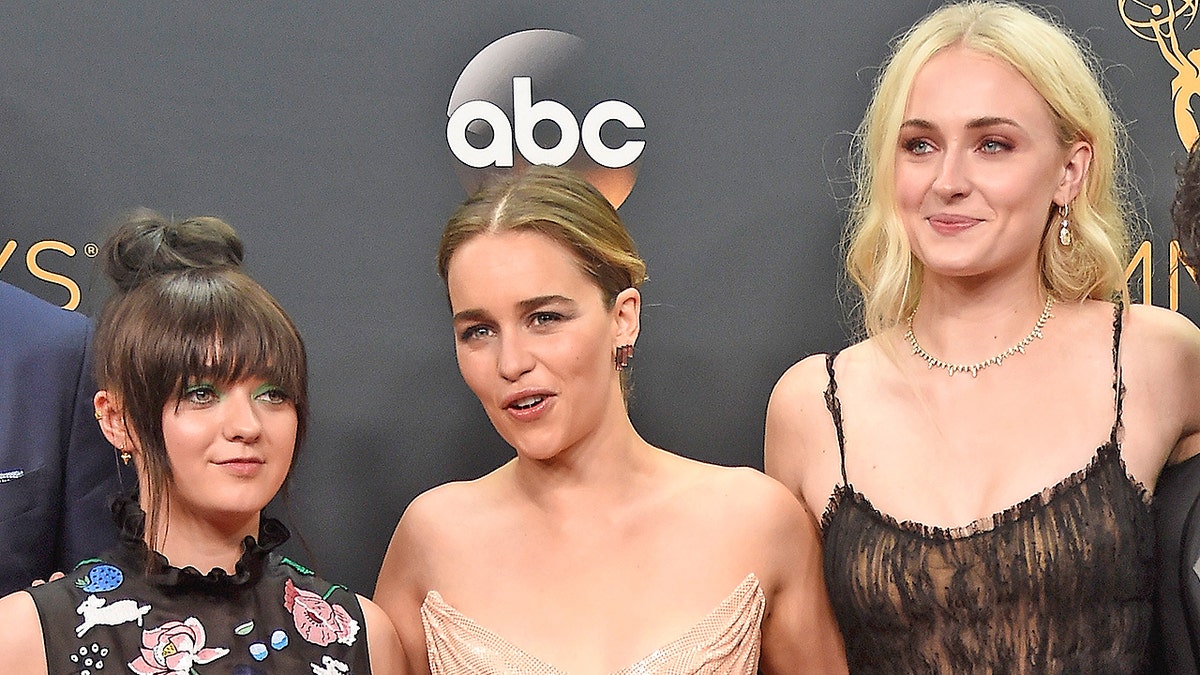 LOS ANGELES, CA - SEPTEMBER 18:  (L-R) Actors Maisie Williams, Emilia Clarke, Sophie Turner and Kit Harington, winners of Best Drama Series for 