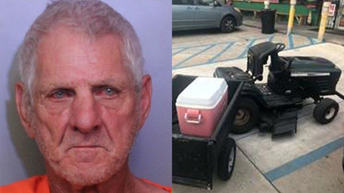 Police said Gary Anderson, left, was driving this lawn mower drunk when he rode into a police cruiser that was parked and unoccupied, causing minor damage.