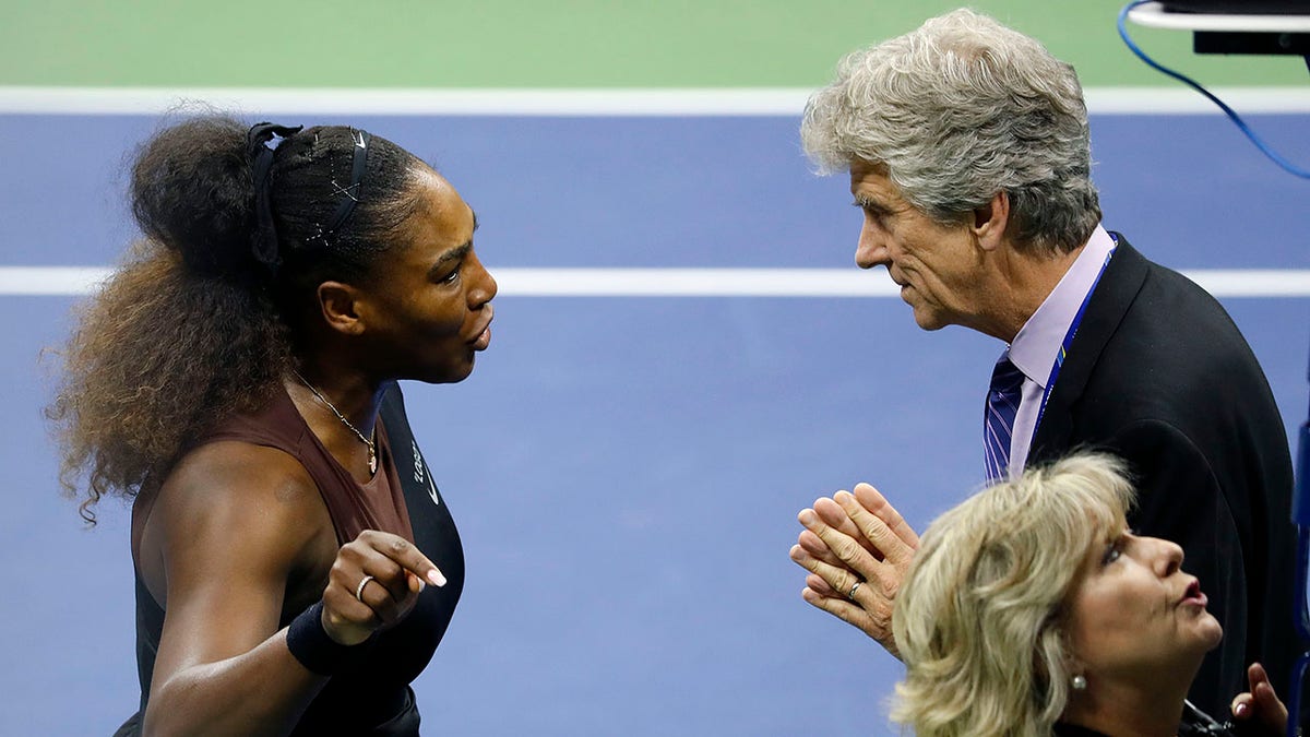 Serena Williams of the United States argues with referee Brian Earley during her Women's Singles finals match against Naomi Osaka of Japan on Day Thirteen of the 2018 US Open at the USTA Billie Jean King National Tennis Center on September 8, 2018. (Getty Images)