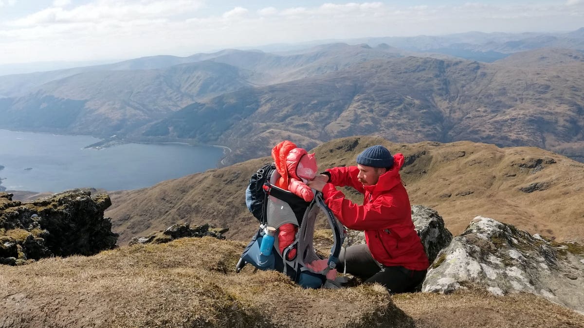 Carried in a pack by either Deborah or partner Scott Mills, 33, Lara has now been up 13 hills and mountains in Scotland, most recently Ben Vrackie in Perthshire, where they walked on Saturday.