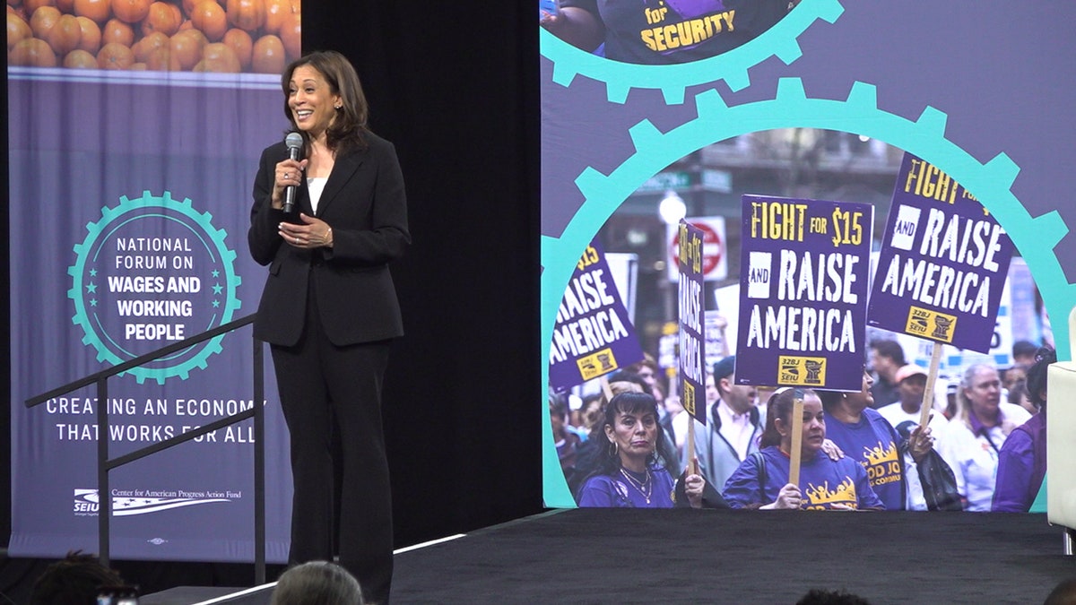 Sen. Kamala Harris tells union workers she will repeal the GOP tax cut if she were to be elected president, April 27, 2019 at the SEIU forum in Las Vegas.