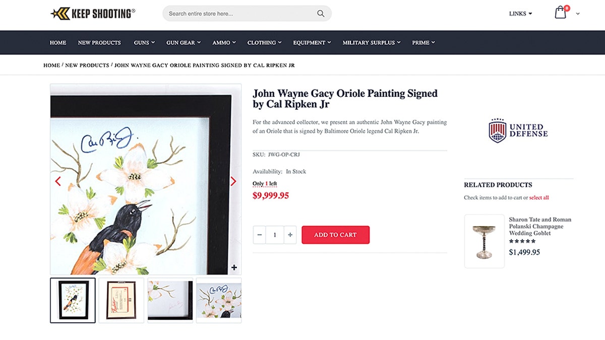 A John Wayne Gacy painting of an oriole, apparently signed by Cal Ripken Jr., is for sale.